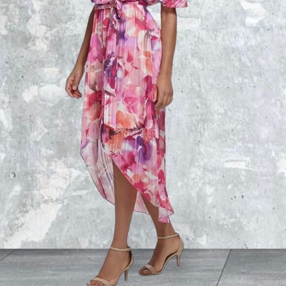NWT Jessica Howard Women's Hi Lo Midi Short Sleeve Chiffon Lurex Size 6 - Picture 1 of 12